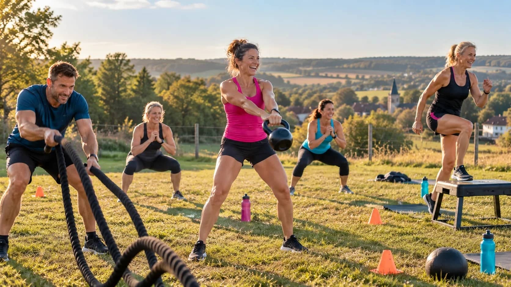 Circuit training en plein air : cordes ondulatoires, kettlebell et squats