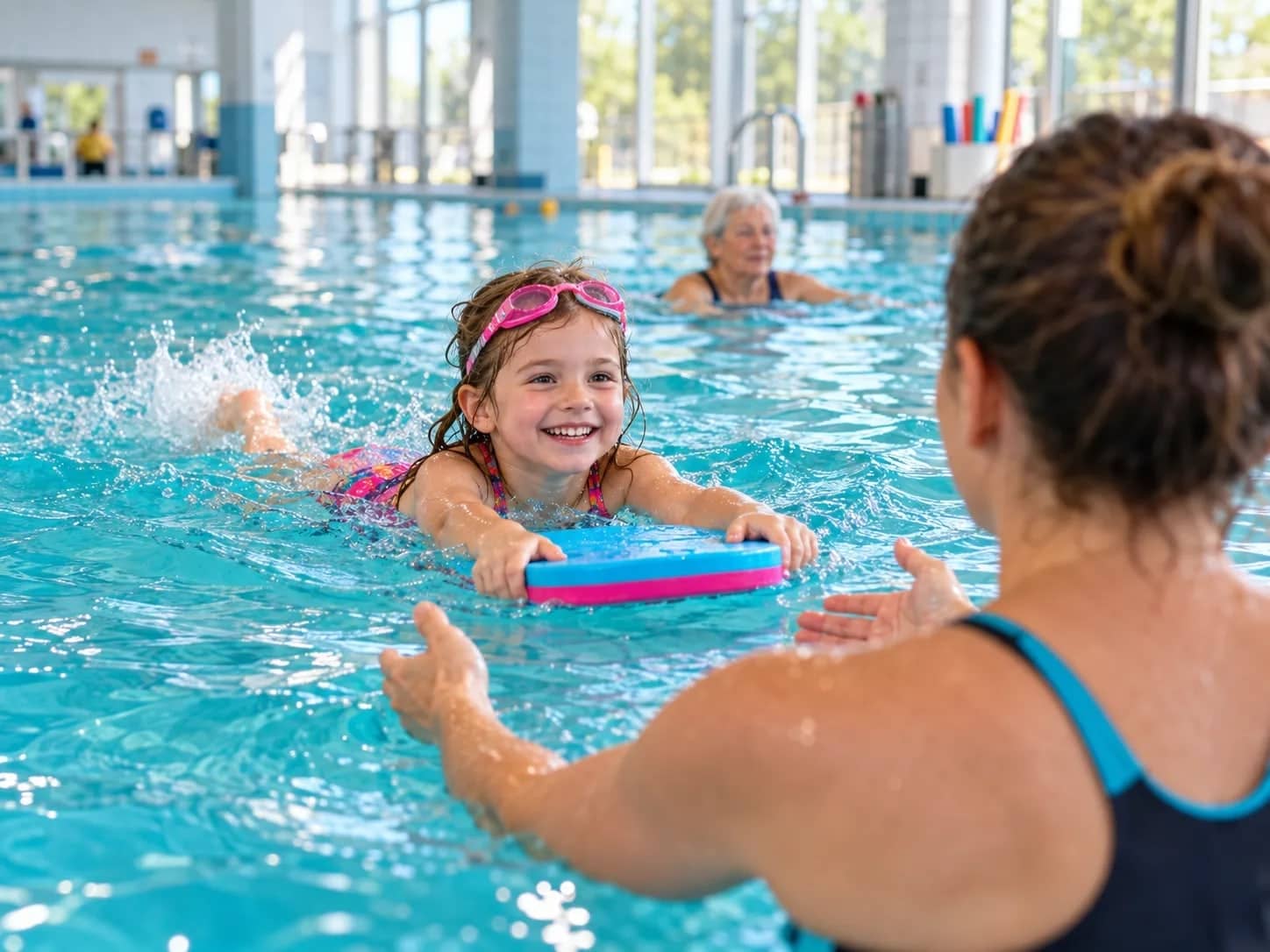 Cours de natation : une petite fille nage avec sa planche vers sa monitrice